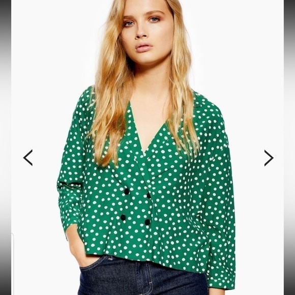 Topshop Tops - TopShop Kelly Green & Pink Polkadot Button Front Top